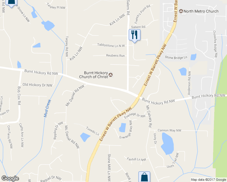 map of restaurants, bars, coffee shops, grocery stores, and more near 2315 Burnt Hickory Road Northwest in Marietta