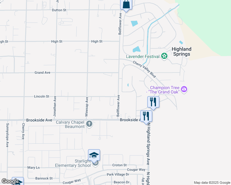 map of restaurants, bars, coffee shops, grocery stores, and more near 10803 Bellflower Avenue in Cherry Valley