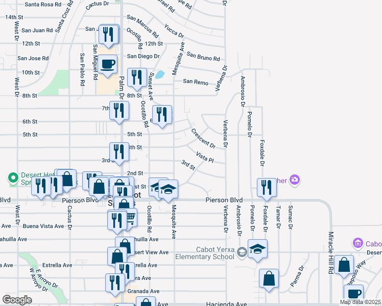 map of restaurants, bars, coffee shops, grocery stores, and more near 66835 Vista Place in Desert Hot Springs