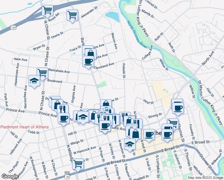 map of restaurants, bars, coffee shops, grocery stores, and more near 170 Hendrix Avenue in Athens