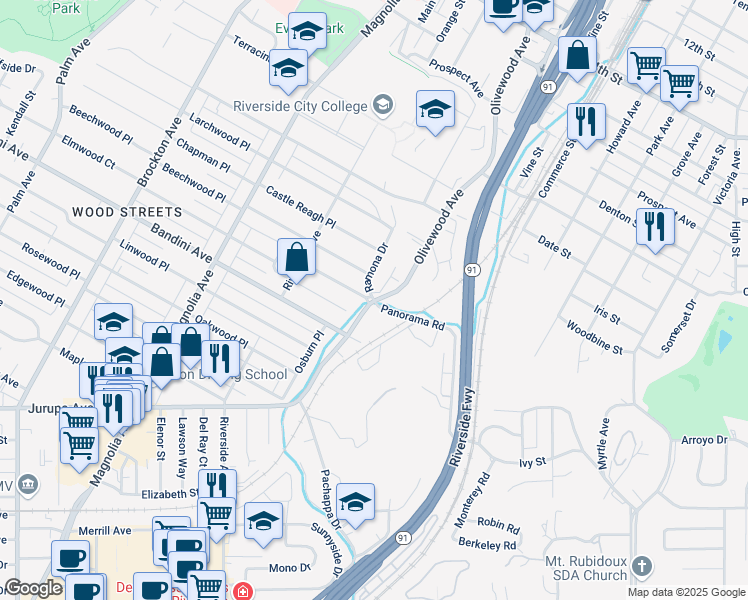 map of restaurants, bars, coffee shops, grocery stores, and more near Olivewood Avenue & Panorama Road in Riverside