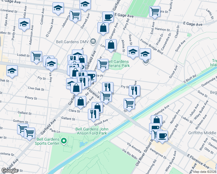 map of restaurants, bars, coffee shops, grocery stores, and more near 6546 Fry Street in Bell Gardens