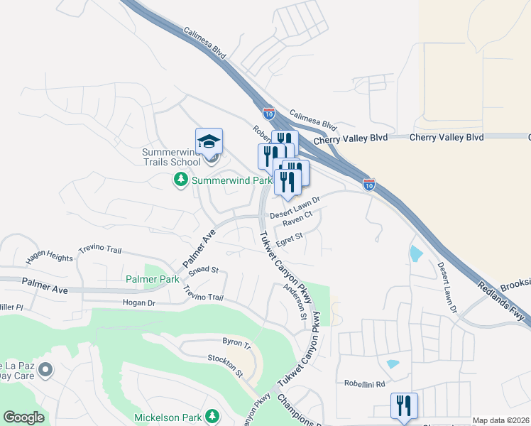 map of restaurants, bars, coffee shops, grocery stores, and more near 1044 Raven Court in Calimesa