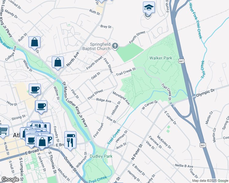 map of restaurants, bars, coffee shops, grocery stores, and more near 230 First Street in Athens