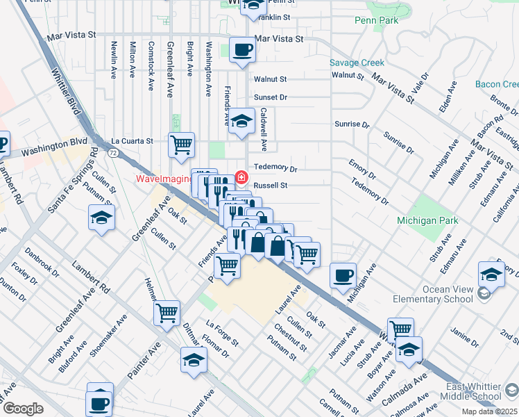 map of restaurants, bars, coffee shops, grocery stores, and more near 13422 Valna Drive in Whittier