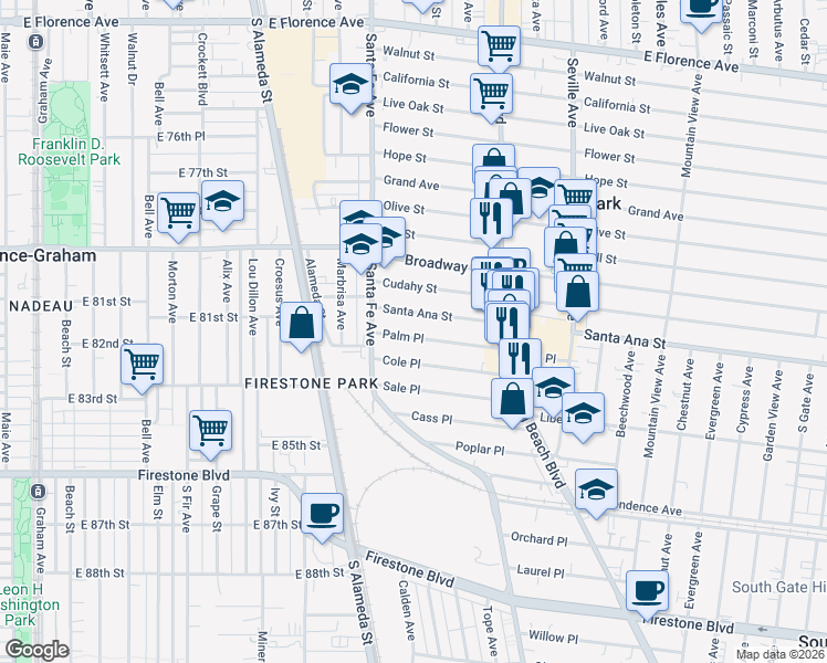 map of restaurants, bars, coffee shops, grocery stores, and more near 2445 1/2 Palm Place in Huntington Park