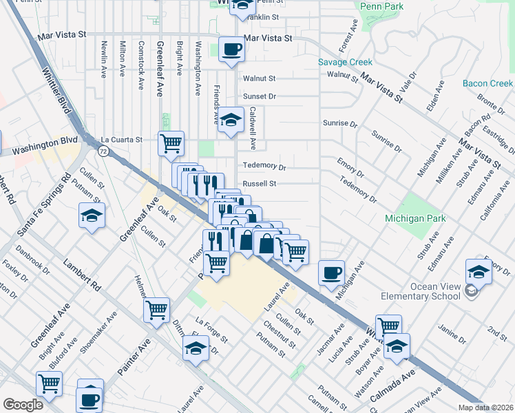 map of restaurants, bars, coffee shops, grocery stores, and more near 13506 Valna Drive in Whittier