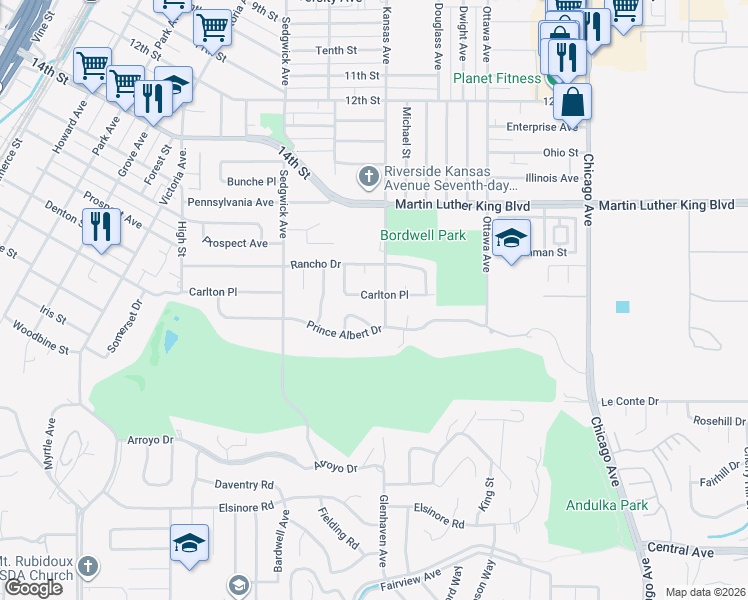 map of restaurants, bars, coffee shops, grocery stores, and more near 4752 Kansas Avenue in Riverside