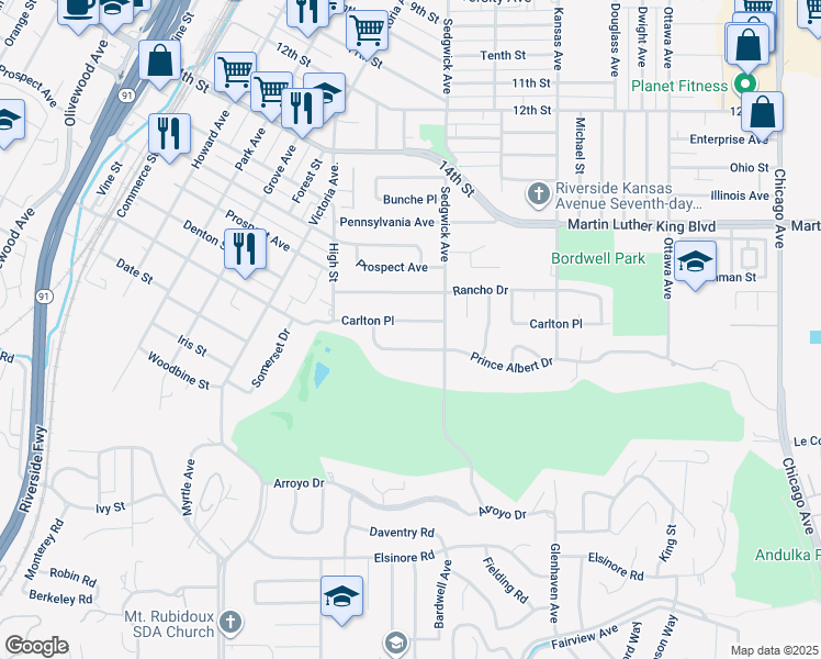 map of restaurants, bars, coffee shops, grocery stores, and more near 2460 Carlton Place in Riverside