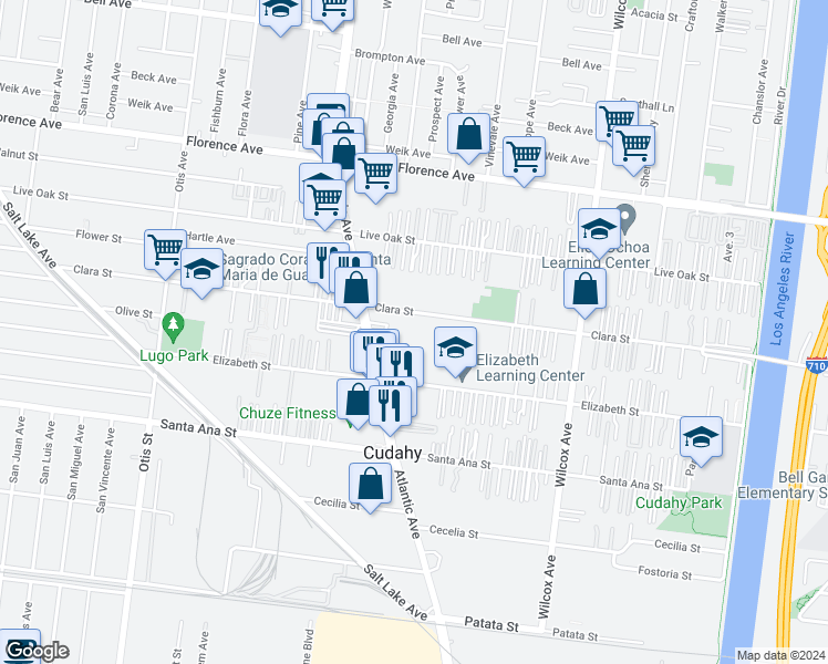 map of restaurants, bars, coffee shops, grocery stores, and more near 4660 Clara Street in Cudahy