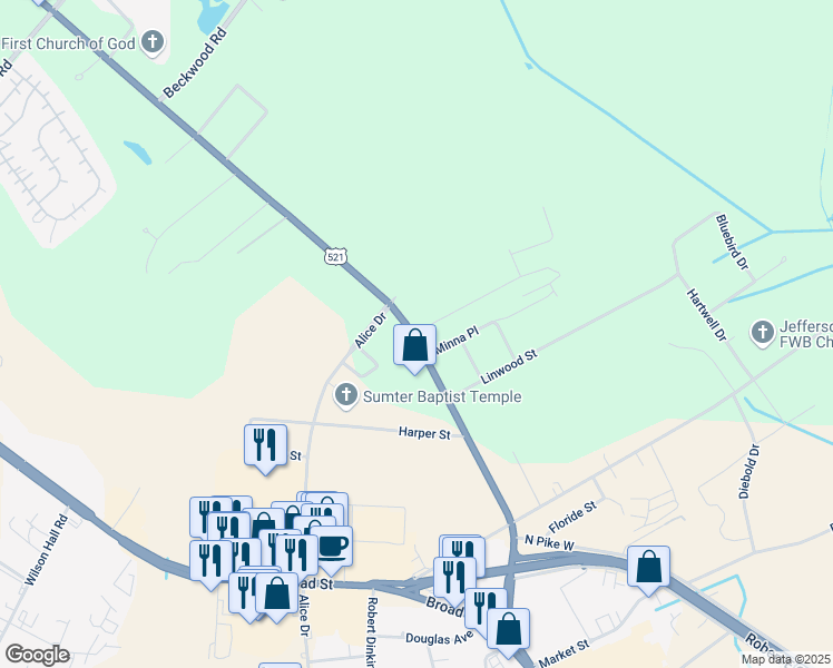 map of restaurants, bars, coffee shops, grocery stores, and more near 1445 Camden Highway in Sumter