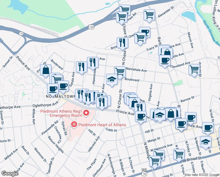 map of restaurants, bars, coffee shops, grocery stores, and more near 757 North Chase Street in Athens