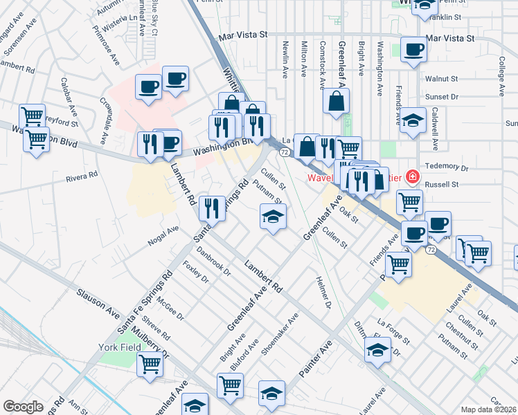 map of restaurants, bars, coffee shops, grocery stores, and more near 12711 Home Park Drive in Whittier