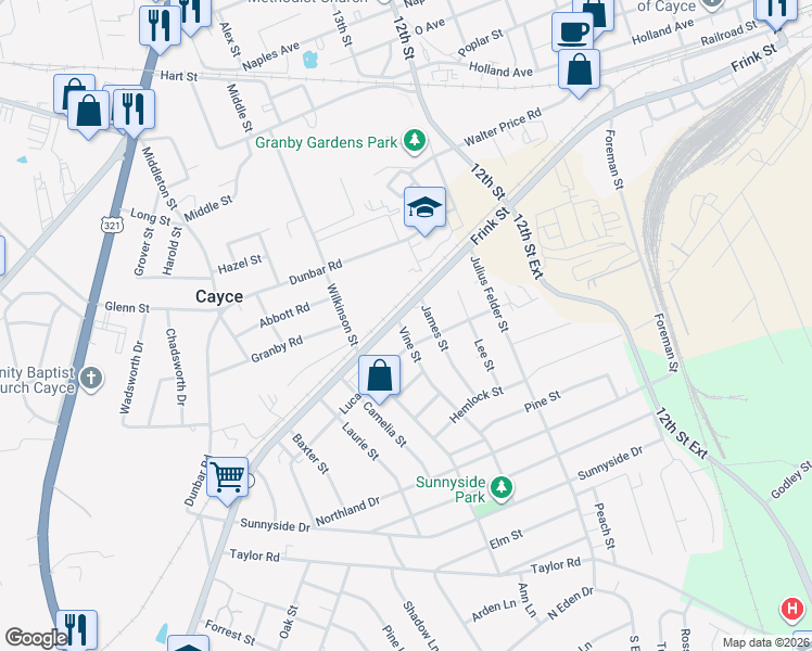 map of restaurants, bars, coffee shops, grocery stores, and more near 1308 Lucas Street in Cayce