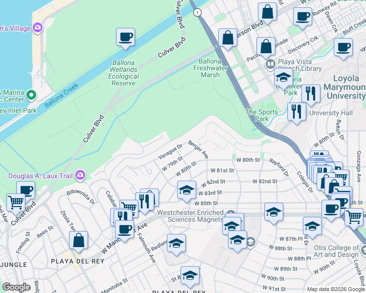 map of restaurants, bars, coffee shops, grocery stores, and more near 7764 Veragua Drive in Los Angeles