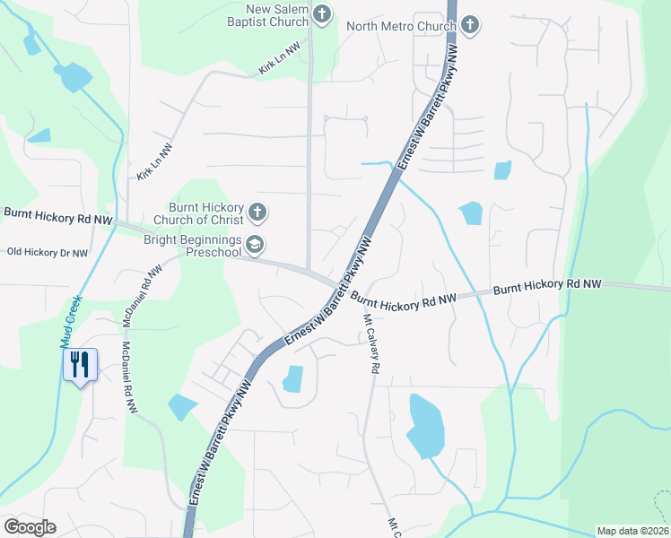 map of restaurants, bars, coffee shops, grocery stores, and more near 2200 Burnt Hickory Road Northwest in Marietta