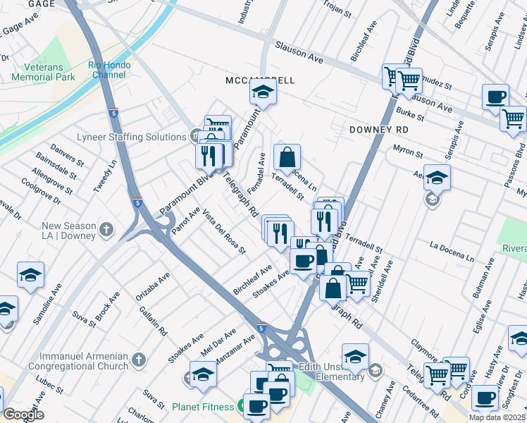 map of restaurants, bars, coffee shops, grocery stores, and more near 8337 Telegraph Road in Pico Rivera
