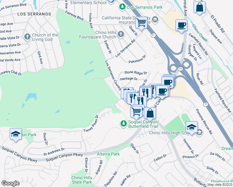 map of restaurants, bars, coffee shops, grocery stores, and more near 15892 Tanberry Drive in Chino Hills