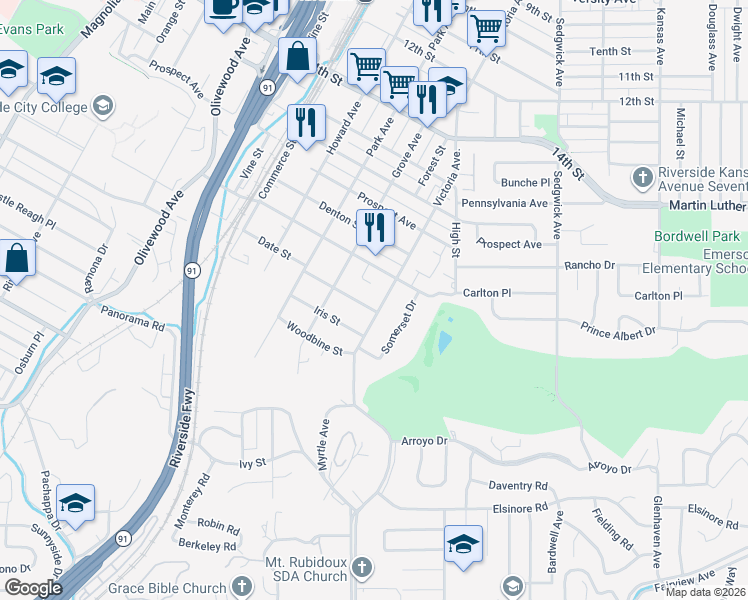 map of restaurants, bars, coffee shops, grocery stores, and more near 4780 Victoria Avenue in Riverside
