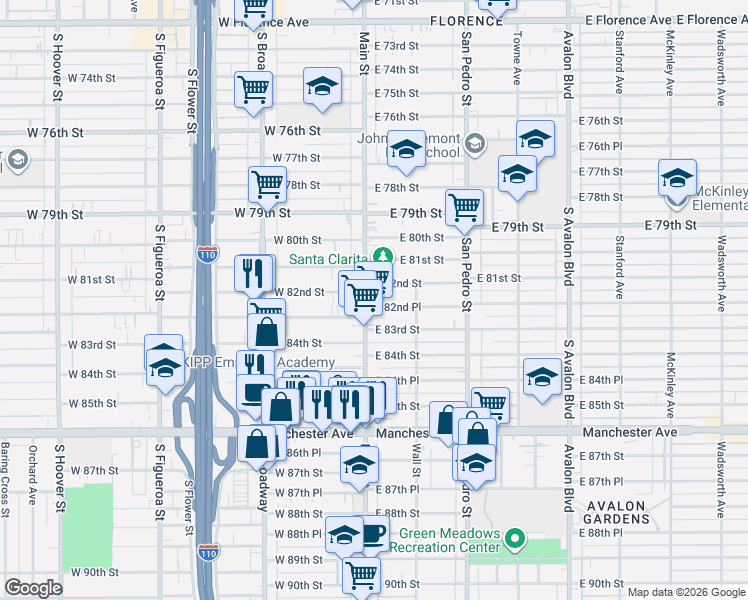 map of restaurants, bars, coffee shops, grocery stores, and more near 8309 South Main Street in Los Angeles