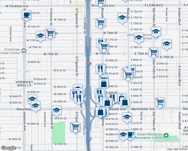 map of restaurants, bars, coffee shops, grocery stores, and more near 340 West 82nd Street in Los Angeles