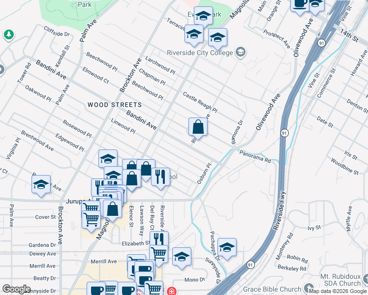map of restaurants, bars, coffee shops, grocery stores, and more near 3628 Bandini Avenue in Riverside