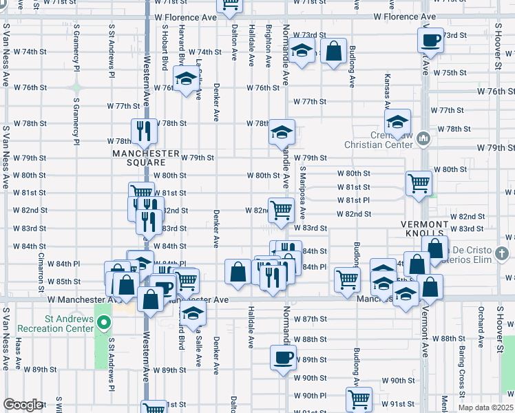 map of restaurants, bars, coffee shops, grocery stores, and more near 1453 West 82nd Street in Los Angeles