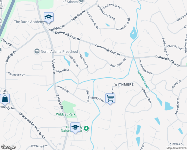 map of restaurants, bars, coffee shops, grocery stores, and more near 5569 Mill Trace Drive in Dunwoody