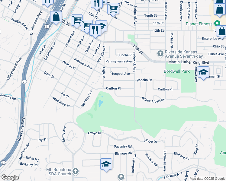 map of restaurants, bars, coffee shops, grocery stores, and more near 2586 Prince Albert Drive in Riverside