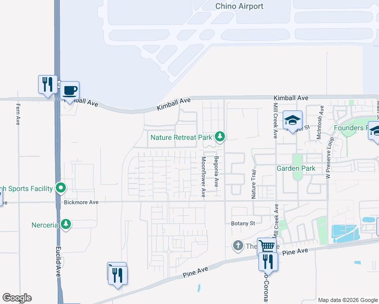 map of restaurants, bars, coffee shops, grocery stores, and more near 7574 Shorthorn Street in Chino
