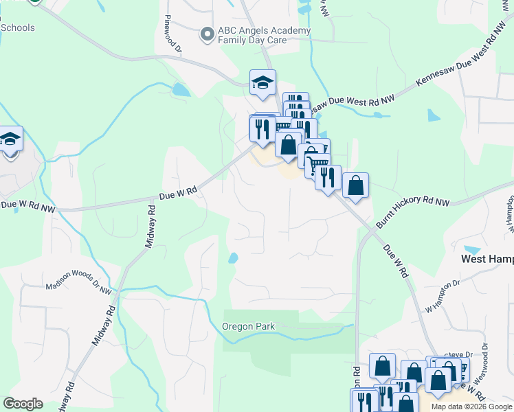 map of restaurants, bars, coffee shops, grocery stores, and more near 386 Silverthorn Drive in Marietta