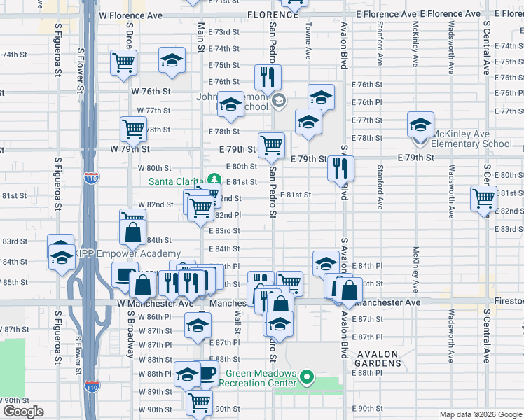 map of restaurants, bars, coffee shops, grocery stores, and more near 234 East 82nd Place in Los Angeles