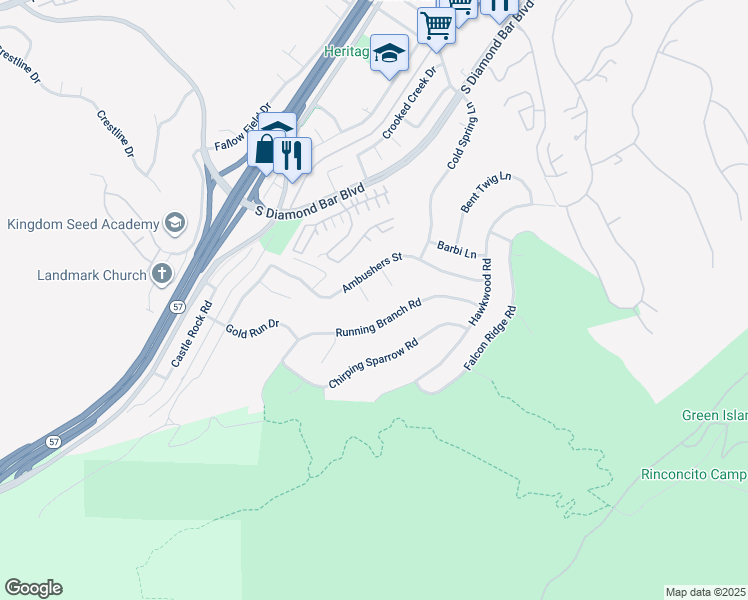 map of restaurants, bars, coffee shops, grocery stores, and more near 3456 Woodhill Circle in Diamond Bar