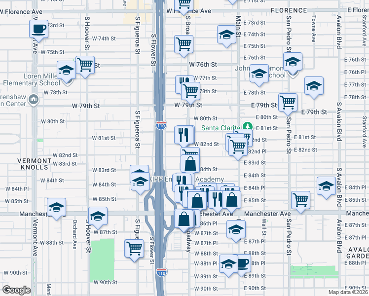 map of restaurants, bars, coffee shops, grocery stores, and more near 8209 South Broadway in Los Angeles