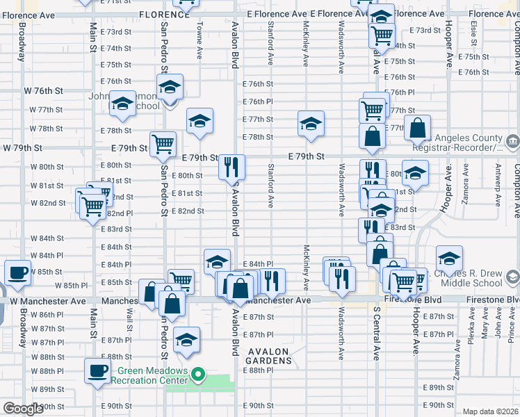 map of restaurants, bars, coffee shops, grocery stores, and more near 639 East 82nd Street in Los Angeles