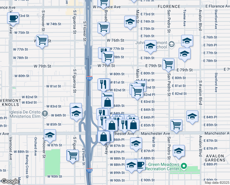 map of restaurants, bars, coffee shops, grocery stores, and more near 209 West 83rd Street in Los Angeles