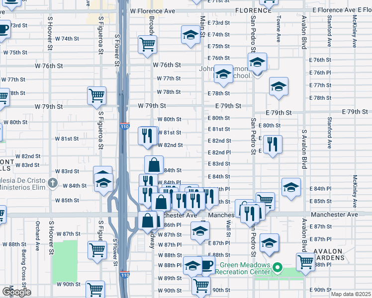 map of restaurants, bars, coffee shops, grocery stores, and more near 140 West 82nd Street in Los Angeles