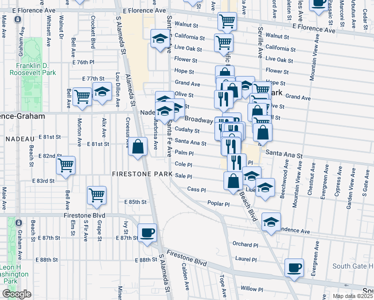 map of restaurants, bars, coffee shops, grocery stores, and more near 2439 Palm Place in Huntington Park