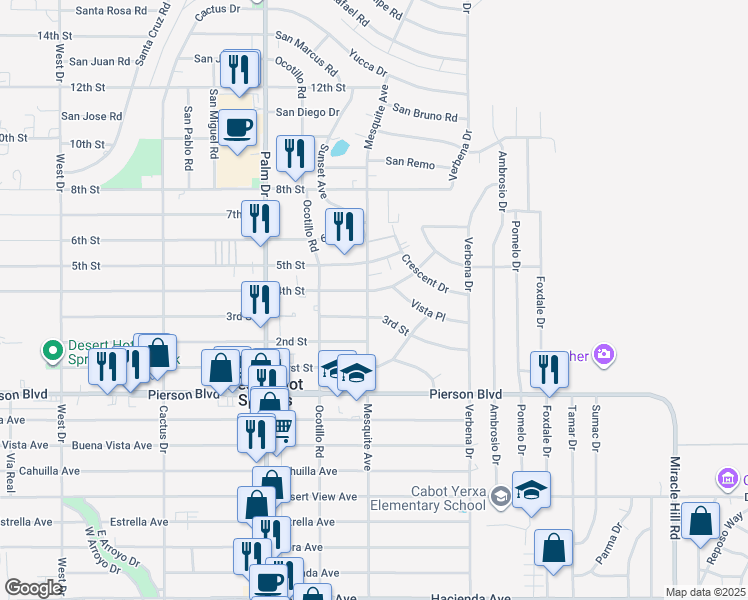 map of restaurants, bars, coffee shops, grocery stores, and more near 66800 3rd Street in Desert Hot Springs