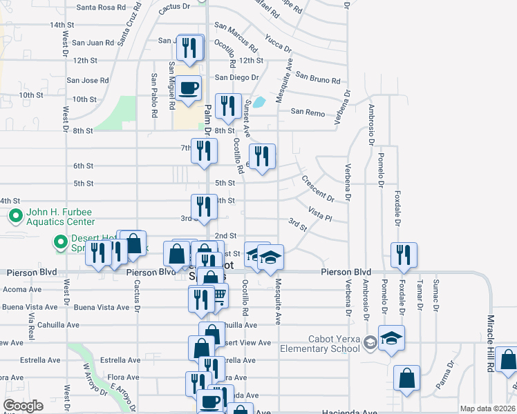 map of restaurants, bars, coffee shops, grocery stores, and more near 66705 4th Street in Desert Hot Springs