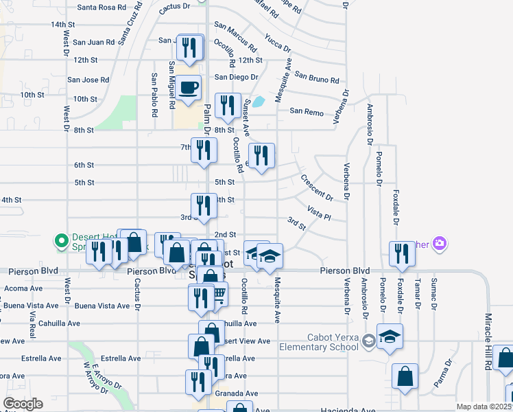 map of restaurants, bars, coffee shops, grocery stores, and more near 66638 3rd Street in Desert Hot Springs
