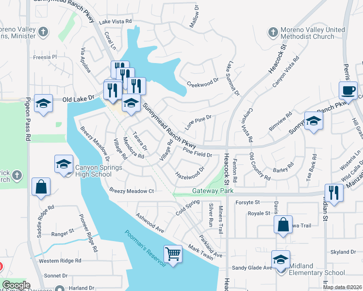 map of restaurants, bars, coffee shops, grocery stores, and more near 23844 Pine Field Drive in Moreno Valley