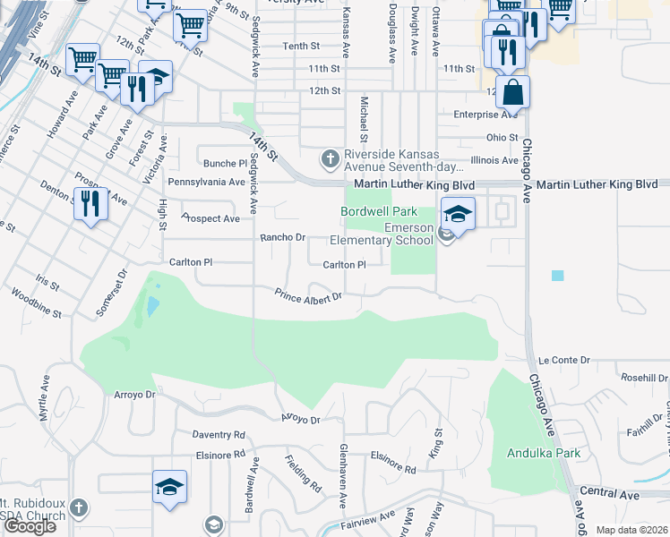 map of restaurants, bars, coffee shops, grocery stores, and more near 4752 Kansas Avenue in Riverside