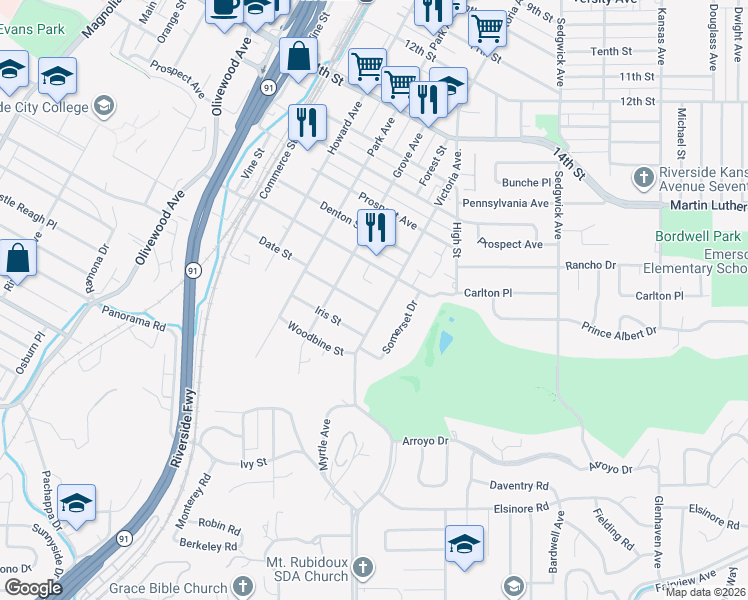 map of restaurants, bars, coffee shops, grocery stores, and more near 4780 Victoria Avenue in Riverside