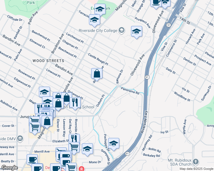 map of restaurants, bars, coffee shops, grocery stores, and more near 3509 Bandini Avenue in Riverside
