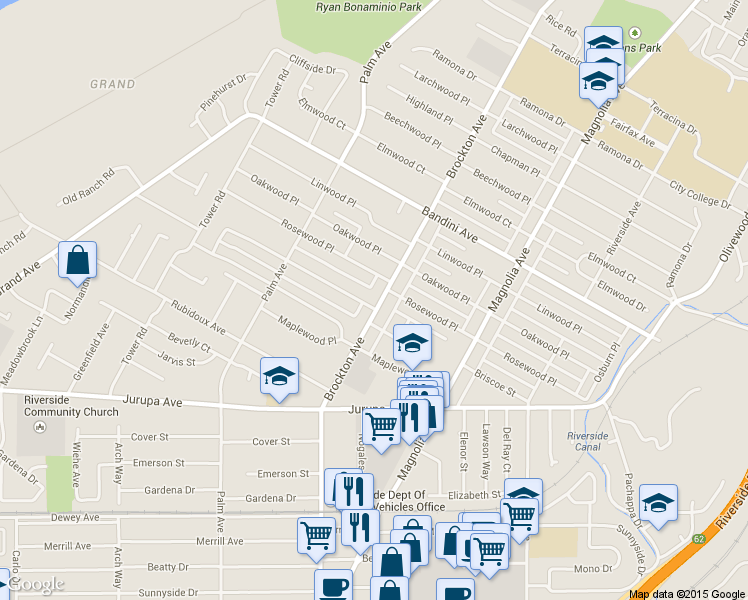 map of restaurants, bars, coffee shops, grocery stores, and more near 5755 Brockton Avenue in Riverside