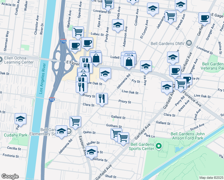 map of restaurants, bars, coffee shops, grocery stores, and more near 7539 Jaboneria Road in Bell Gardens
