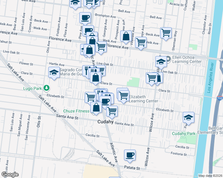 map of restaurants, bars, coffee shops, grocery stores, and more near 4660 Clara Street in Cudahy