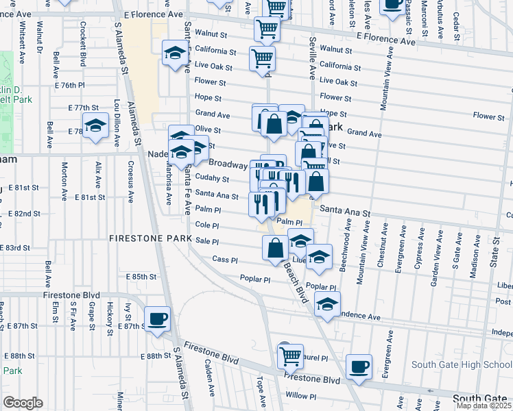 map of restaurants, bars, coffee shops, grocery stores, and more near 8117 Long Beach Boulevard in South Gate