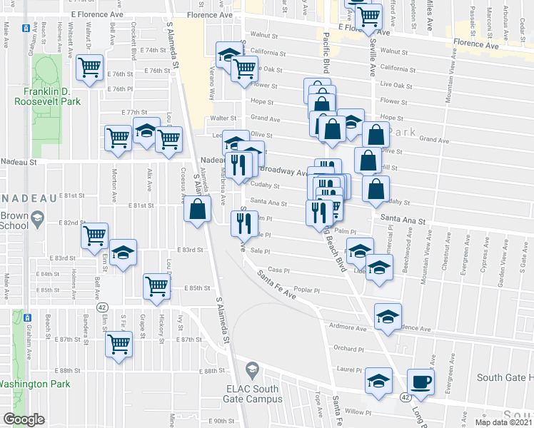 map of restaurants, bars, coffee shops, grocery stores, and more near 2455 Palm Place in Walnut Park